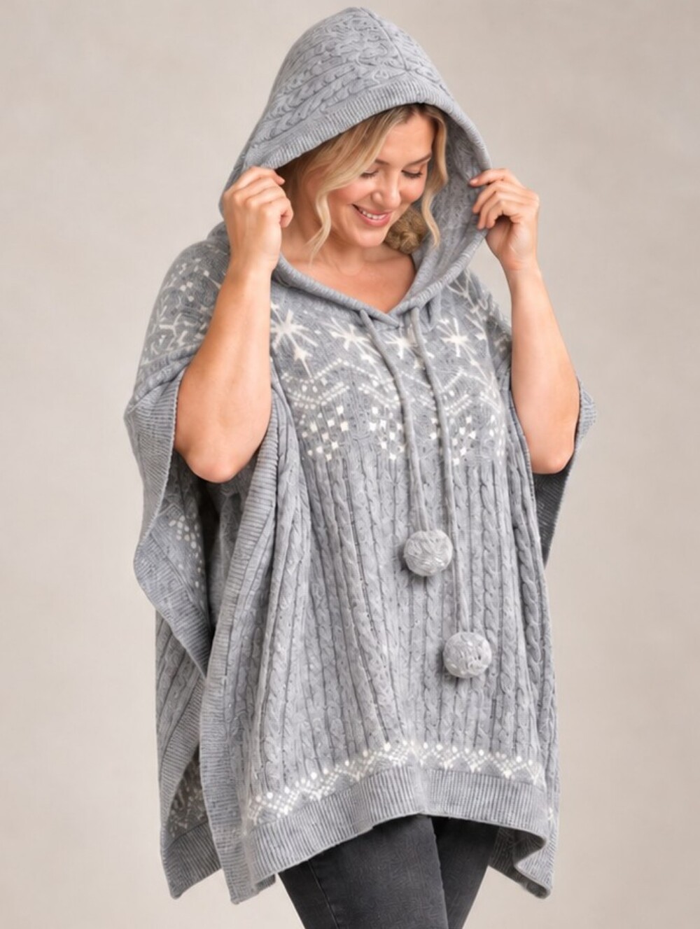 Soft Surroundings cable knit Fair Isle snowflake sweater Hooded Winter poncho